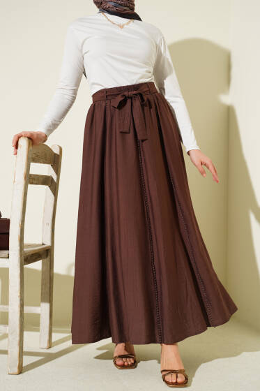 Beli Lastikli Kuşaklı Kloş Etek Kahve - Etek