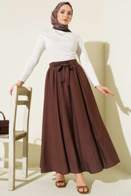 Beli Lastikli Kuşaklı Kloş Etek Kahve - Etek