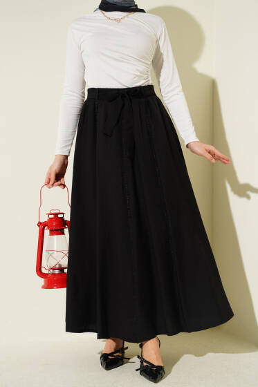 Beli Lastikli Kuşaklı Kloş Etek Siyah - Etek