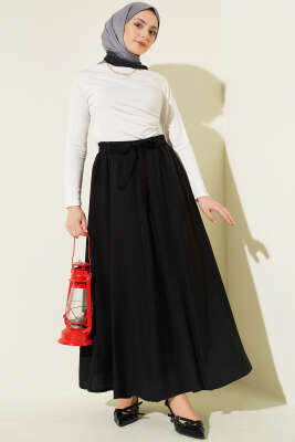 Beli Lastikli Kuşaklı Kloş Etek Siyah - Etek