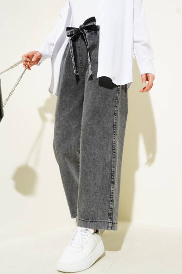 Beli Lastikli Kuşaklı Kot Pantolon Füme - Pantolon