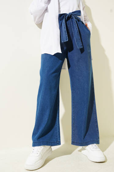 Beli Lastikli Kuşaklı Kot Pantolon Mavi - Pantolon