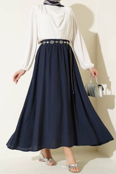 Beli Lastikli Modal Kloş Etek Lacivert - Etek