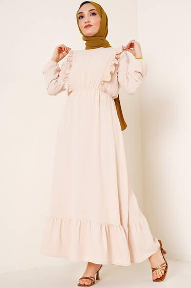 Beli Lastikli Önü Pileli Bej Elbise - Bayan Elbise