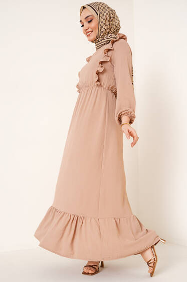 Beli Lastikli Önü Pileli Latte Elbise - Bayan Elbise