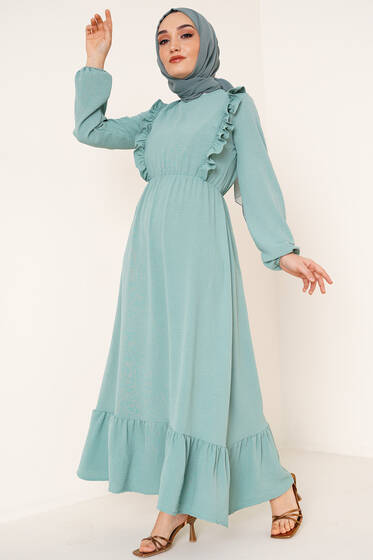 Beli Lastikli Önü Pileli Mint Elbise - Bayan Elbise