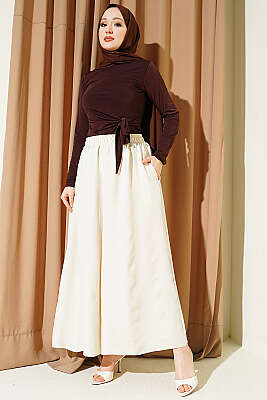 Beli Lastikli Oversize Paçalı Pantolon Bej - Pantolon