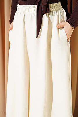 Beli Lastikli Oversize Paçalı Pantolon Bej - Pantolon