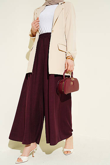 Beli Lastikli Oversize Paçalı Pantolon Bordo - Pantolon