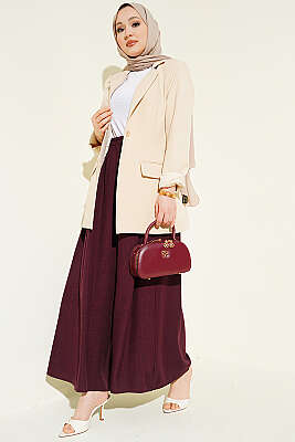 Beli Lastikli Oversize Paçalı Pantolon Bordo - Pantolon