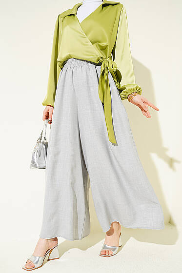 Beli Lastikli Oversize Paçalı Pantolon Gri - Pantolon