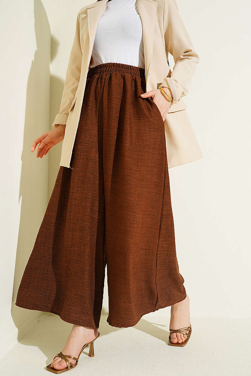 Beli Lastikli Oversize Paçalı Pantolon Kahve