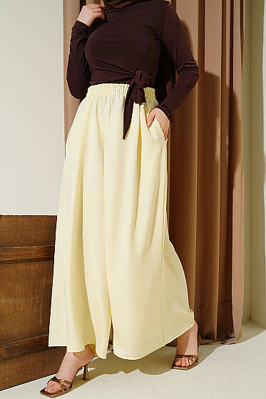 Beli Lastikli Oversize Paçalı Pantolon Sarı - Pantolon