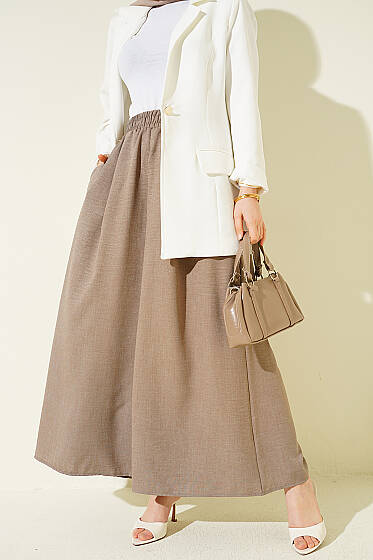 Beli Lastikli Oversize Paçalı Pantolon Vizon - Pantolon