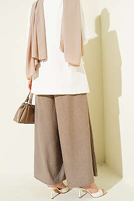 Beli Lastikli Oversize Paçalı Pantolon Vizon - Pantolon