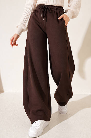 Beli Lastikli Oversize Pantolon Kahve - Pantolon