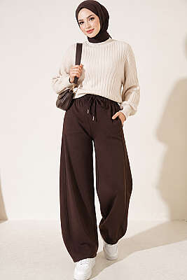 Beli Lastikli Oversize Pantolon Kahve - Pantolon
