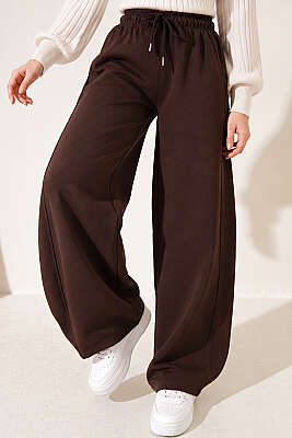 Beli Lastikli Oversize Pantolon Kahve - Pantolon