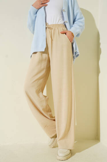 Beli Lastikli Palazzo Pantolon Bej - Pantolon