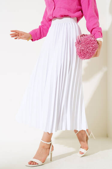 Beli Lastikli Pileli Etek Beyaz - Pileli Etek
