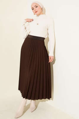 Beli Lastikli Pileli Etek Kahve - Etek