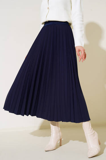 Beli Lastikli Pileli Etek Lacivert - Uzun Etek