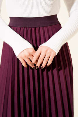 Beli Lastikli Pileli Etek Mor - Etek