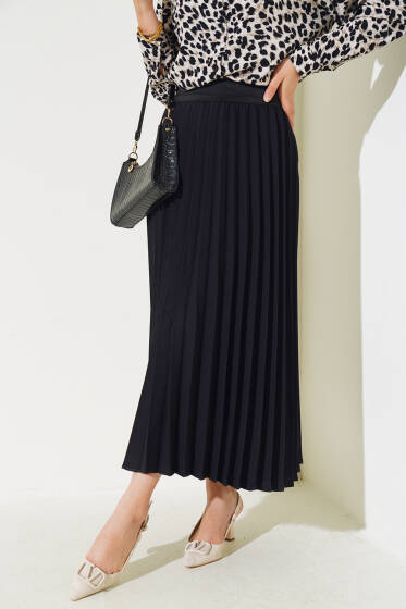 Beli Lastikli Pileli Etek Siyah - Uzun Etek