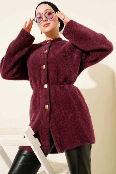 Beli Lastikli Sakallı Yumoş Hırka Mürdüm - Hırka