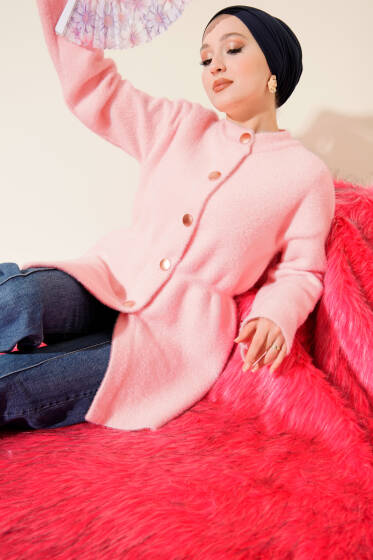 Beli Lastikli Sakallı Yumoş Hırka Pudra - Hırka