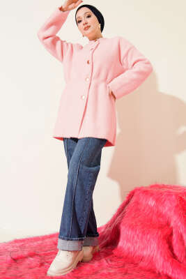 Beli Lastikli Sakallı Yumoş Hırka Pudra - Hırka