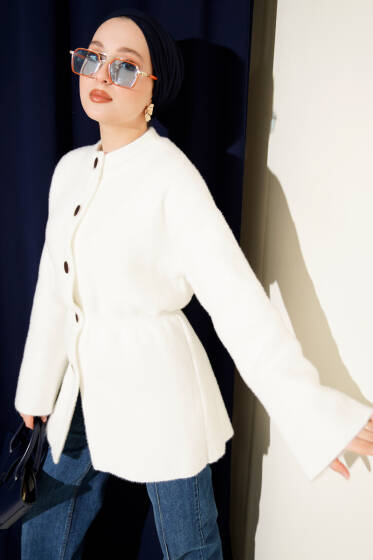 Beli Lastikli Sakallı Yumoş Hırka Ekru - Hırka