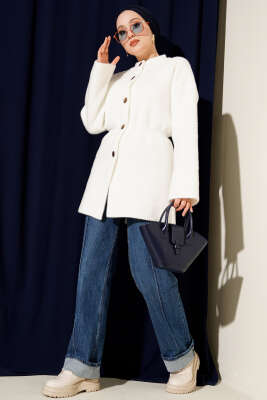 Beli Lastikli Sakallı Yumoş Hırka Ekru - Hırka