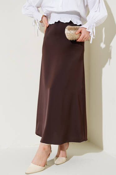Beli Lastikli Saten Etek Acı Kahve - Etek