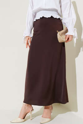 Beli Lastikli Saten Etek Acı Kahve - Uzun Etek