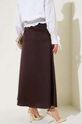 Beli Lastikli Saten Etek Acı Kahve - Uzun Etek