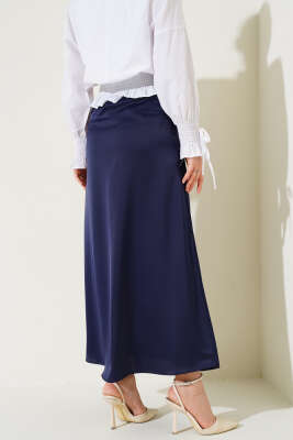 Beli Lastikli Saten Etek Lacivert - Uzun Etek