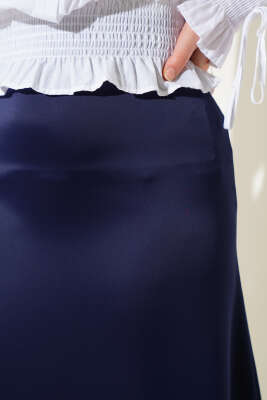 Beli Lastikli Saten Etek Lacivert - Uzun Etek