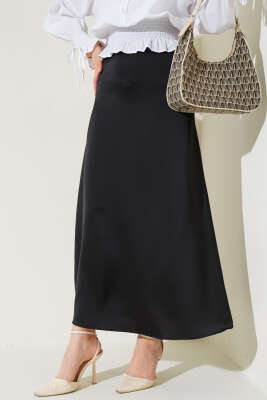 Beli Lastikli Saten Etek Siyah - Uzun Etek