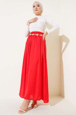 Beli Lastikli Saten Kloş Etek Kırmızı - Uzun Etek