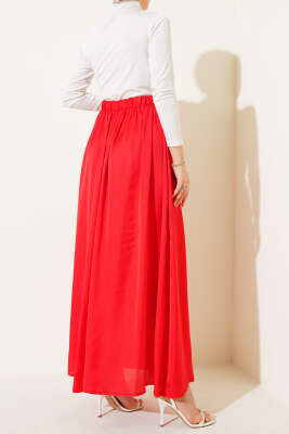 Beli Lastikli Saten Kloş Etek Kırmızı - Uzun Etek