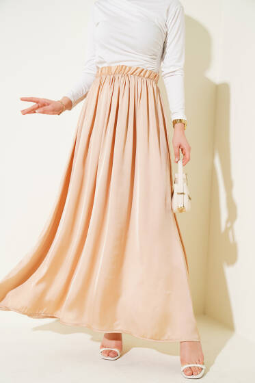 Beli Lastikli Saten Kloş Etek Latte - Etek