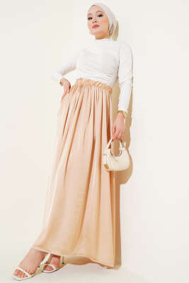 Beli Lastikli Saten Kloş Etek Latte - Uzun Etek