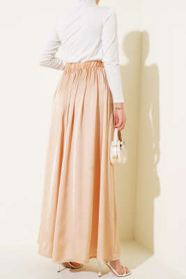 Beli Lastikli Saten Kloş Etek Latte - Uzun Etek