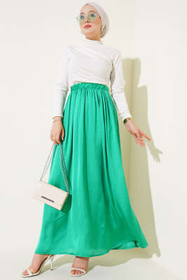 Beli Lastikli Saten Kloş Etek Yeşil - Uzun Etek