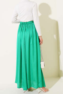 Beli Lastikli Saten Kloş Etek Yeşil - Uzun Etek