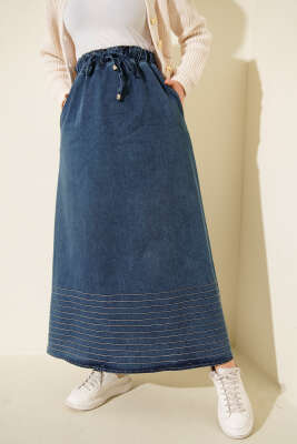 Beli Lastikli Şerit Dikişli Kot Etek Mavi - ALİ AKKAYA