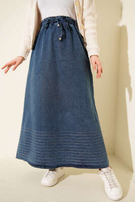 Beli Lastikli Şerit Dikişli Kot Etek Mavi - Etek