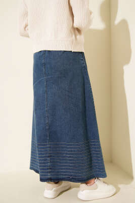Beli Lastikli Şerit Dikişli Kot Etek Mavi - Etek