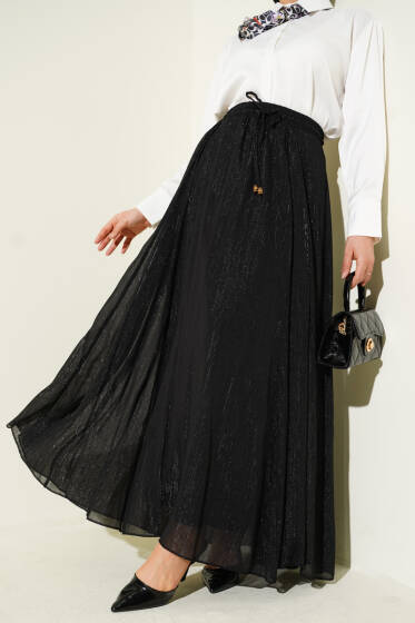 Beli Lastikli Simli Kloş Etek Siyah - Etek